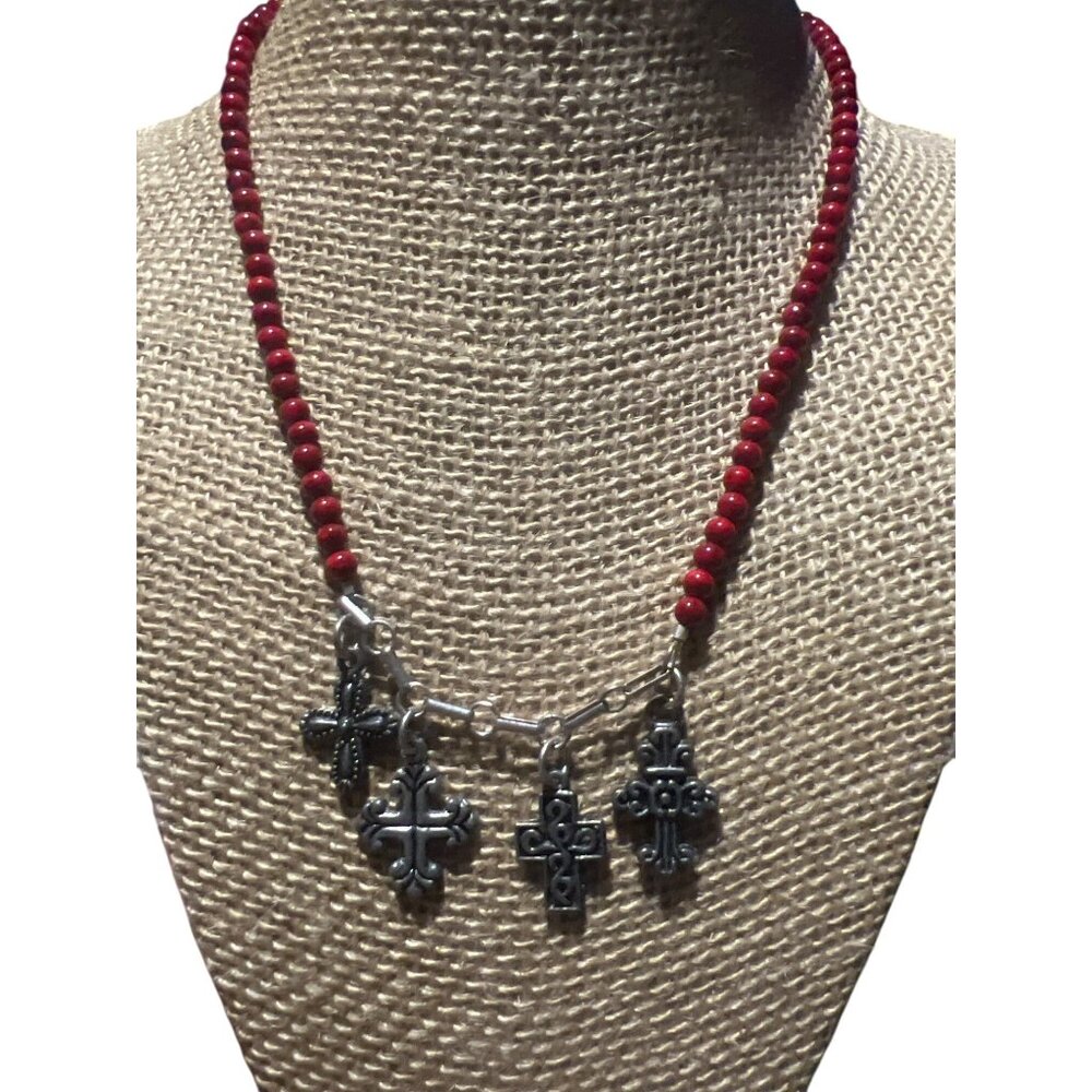 Vintage Red Acrylic Bead Necklace Silver Tone Cross Charms Toggle Clasp 16"